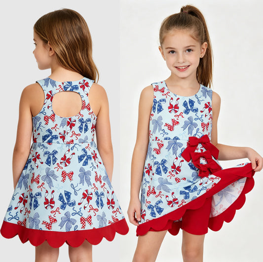 GSD3875 Red Blue Bows Girls 4th of July Shorts Knee Length Yoga Scallop Dress