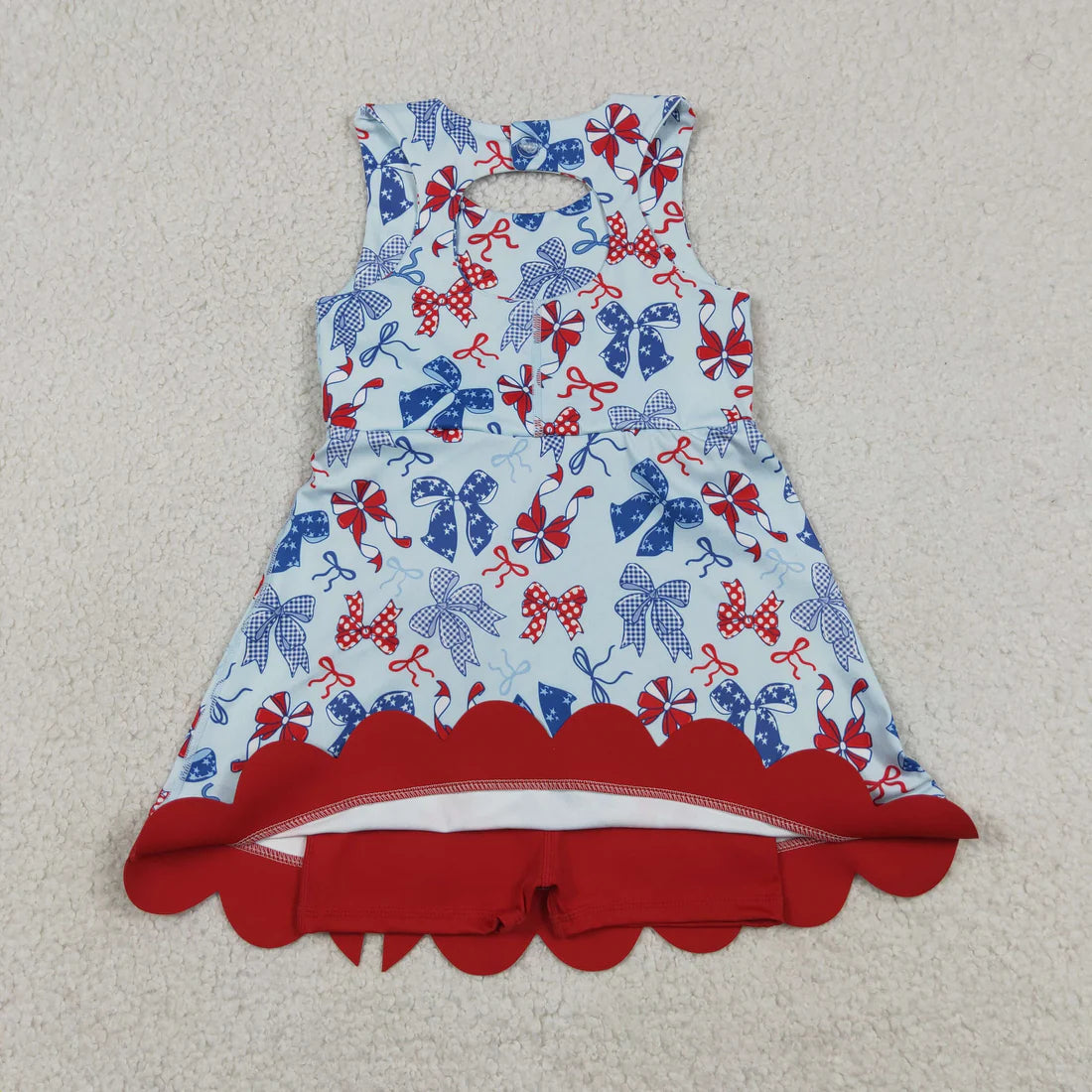 Sibling Baby Girls Bows Flags 4th of July Yoga Active Scallop Short Knee Length Dresses