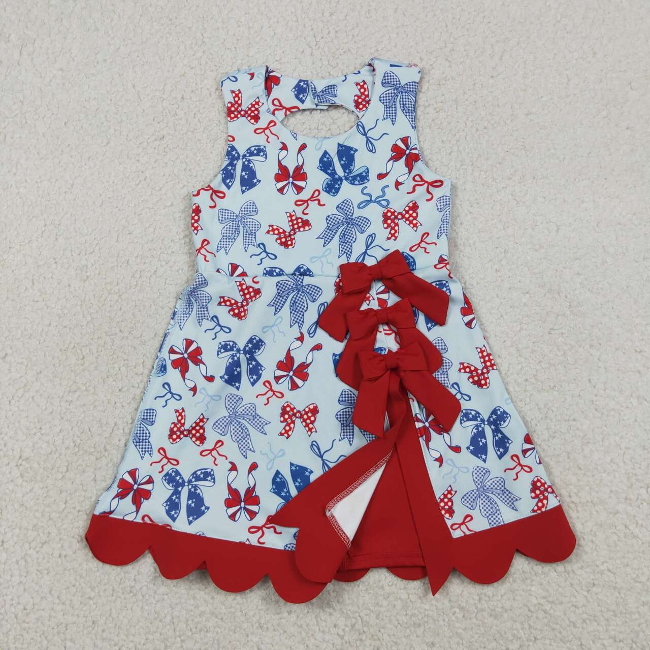 GSD3875 Red Blue Bows Girls 4th of July Shorts Knee Length Yoga Scallop Dress