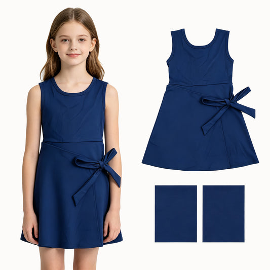 GSD3880 Navy Girls Sleeveless Zipper Yoga Dress With Bow