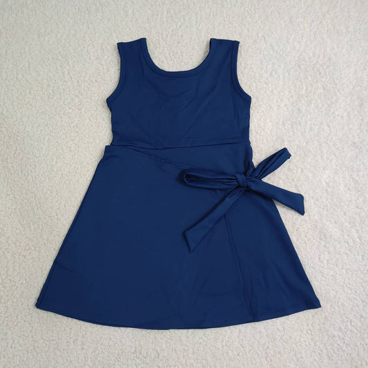 GSD3880 Navy Girls Sleeveless Zipper Yoga Dress With Bow
