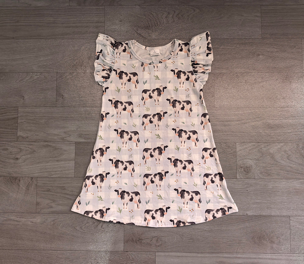 GSD3895 Preorder Cow Checkered Print Girls Flutter Sleeve Knee Length Summer Dress