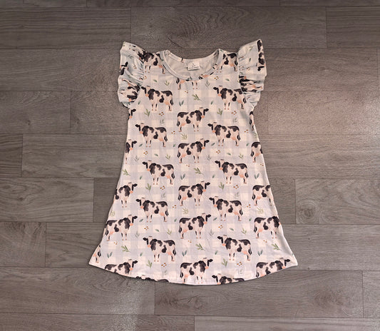 GSD3895 Preorder Cow Checkered Print Girls Flutter Sleeve Knee Length Summer Dress