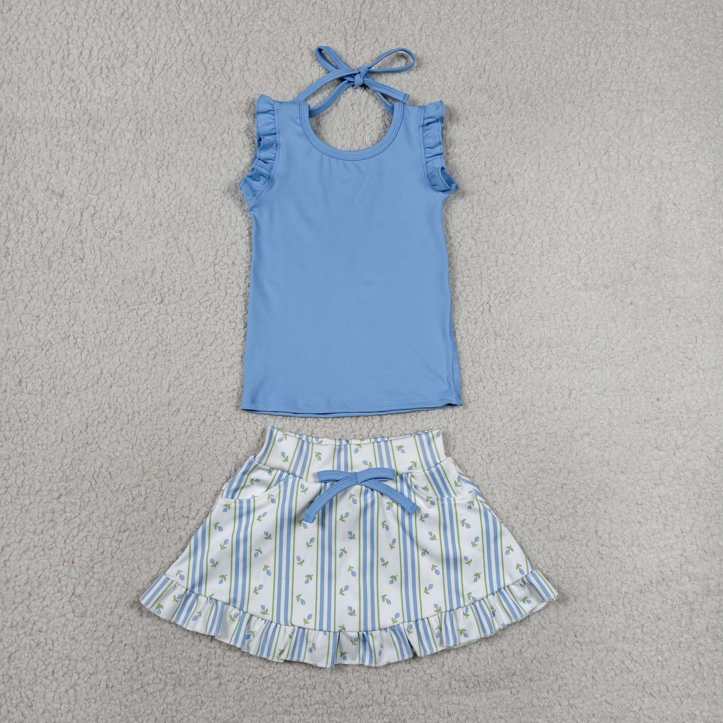 GSD3906 Blue Sleeveless Top Flowers Stripe Skort Girls Yoga Active Clothes Set