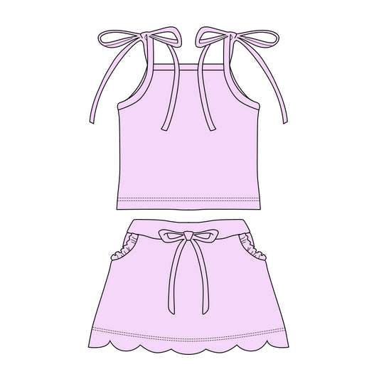3.11 GSD3907 Preorder Lavender Strap Top Scallop Pockets Skirt Girls Summer Clothes Set
