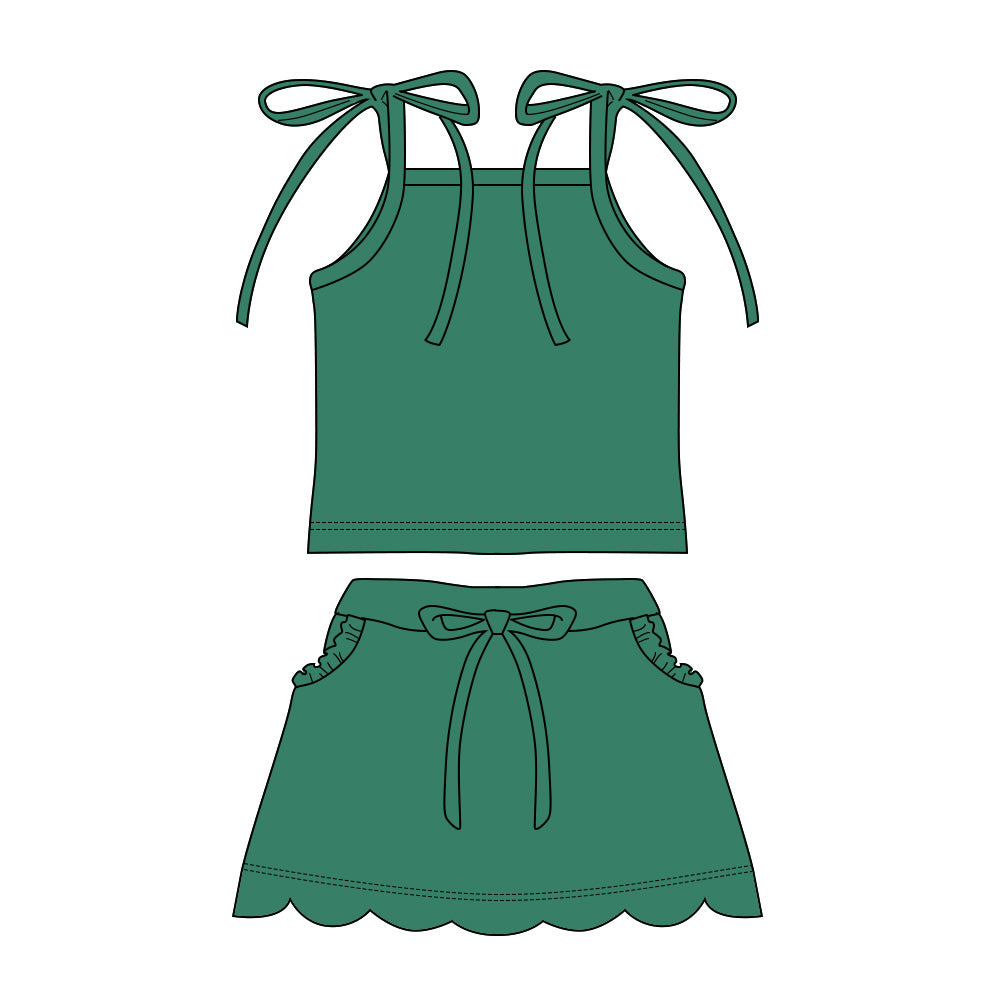 3.11 GSD3909 Preorder Green Strap Top Scallop Pockets Skirt Girls Summer Clothes Set
