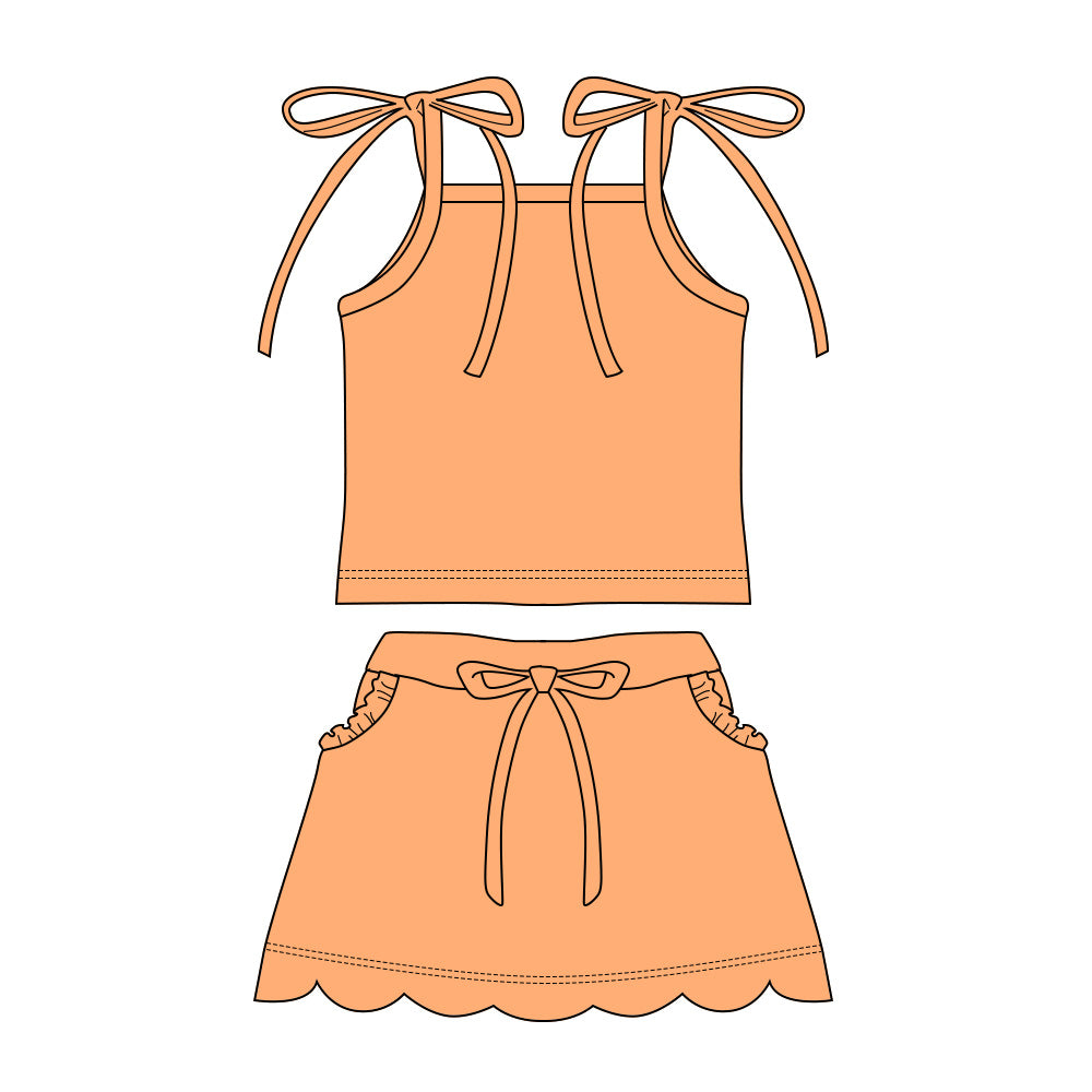3.11 GSD3911 Preorder Orange Strap Top Scallop Pockets Skirt Girls Summer Clothes Set