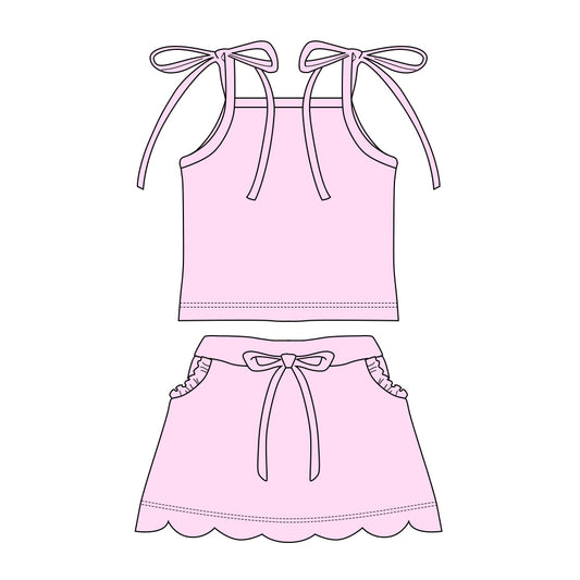 3.11 GSD3913 Preorder Light Pink Strap Top Scallop Pockets Skirt Girls Summer Clothes Set