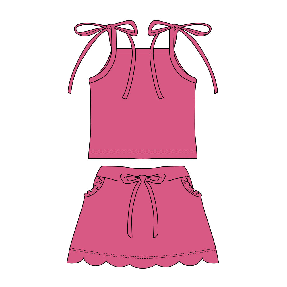 3.11 GSD3914 Preorder Hot Pink Strap Top Scallop Pockets Skirt Girls Summer Clothes Set