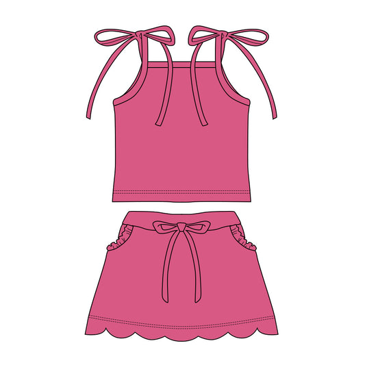 3.11 GSD3914 Preorder Hot Pink Strap Top Scallop Pockets Skirt Girls Summer Clothes Set