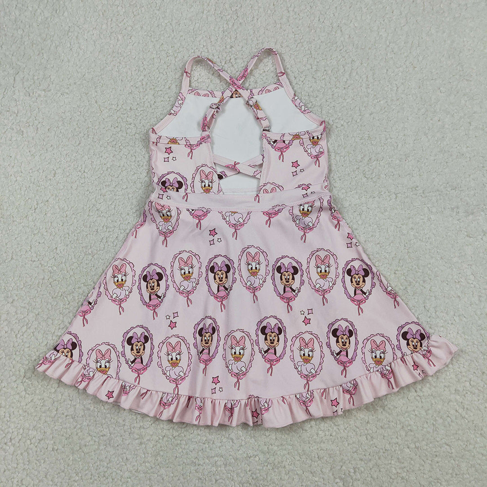 GSD3915  Cartoon Mouse Pink Print Girls Summer Strap Shorts Ruffle Knee Length Yoga Dress