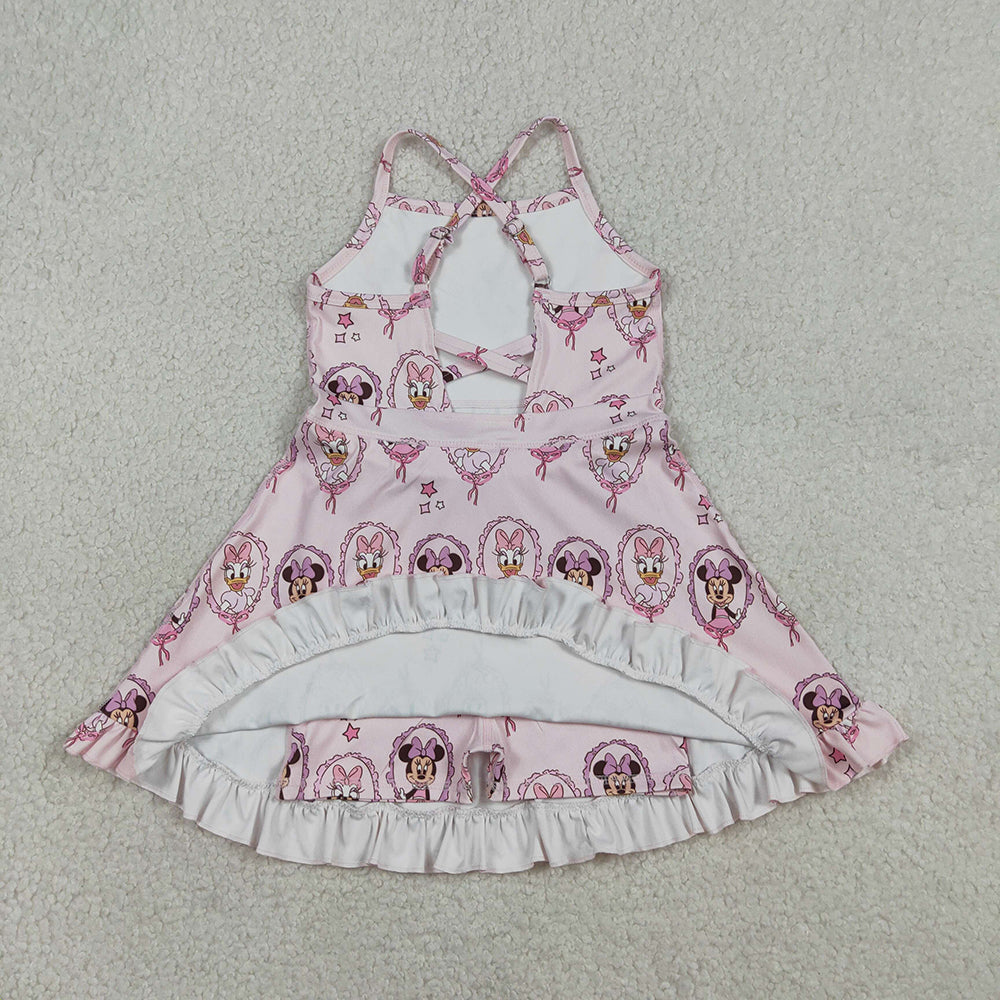 GSD3915  Cartoon Mouse Pink Print Girls Summer Strap Shorts Ruffle Knee Length Yoga Dress