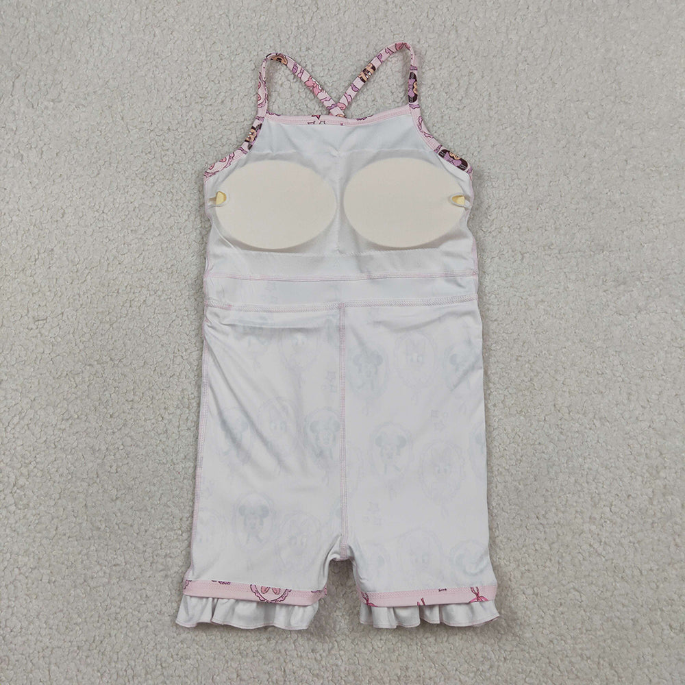 GSD3915  Cartoon Mouse Pink Print Girls Summer Strap Shorts Ruffle Knee Length Yoga Dress