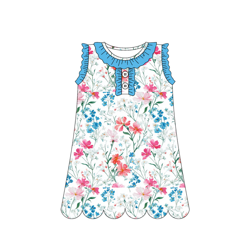 3.12 GSD3919 Preorder Blue Small Flowers Print Sleeveless Girls Summer Scallop Knee Length Dress