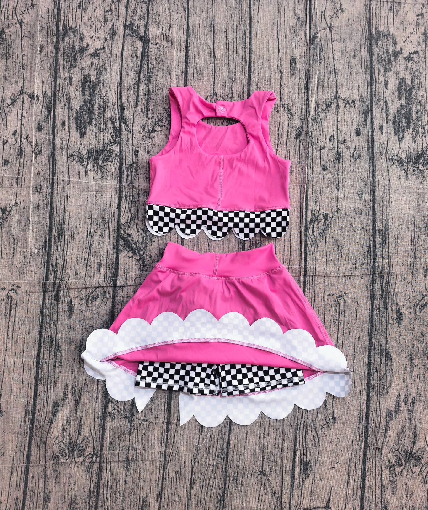 Preorder Hot Pink Black Plaid Print Girls Summer Yoga Clothes Set
