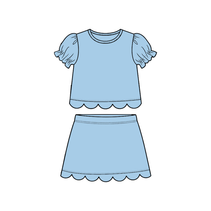 3.16 GSD3933 Preorder Blue Cotton Skirts Girls Summer Scallop Clothes Set
