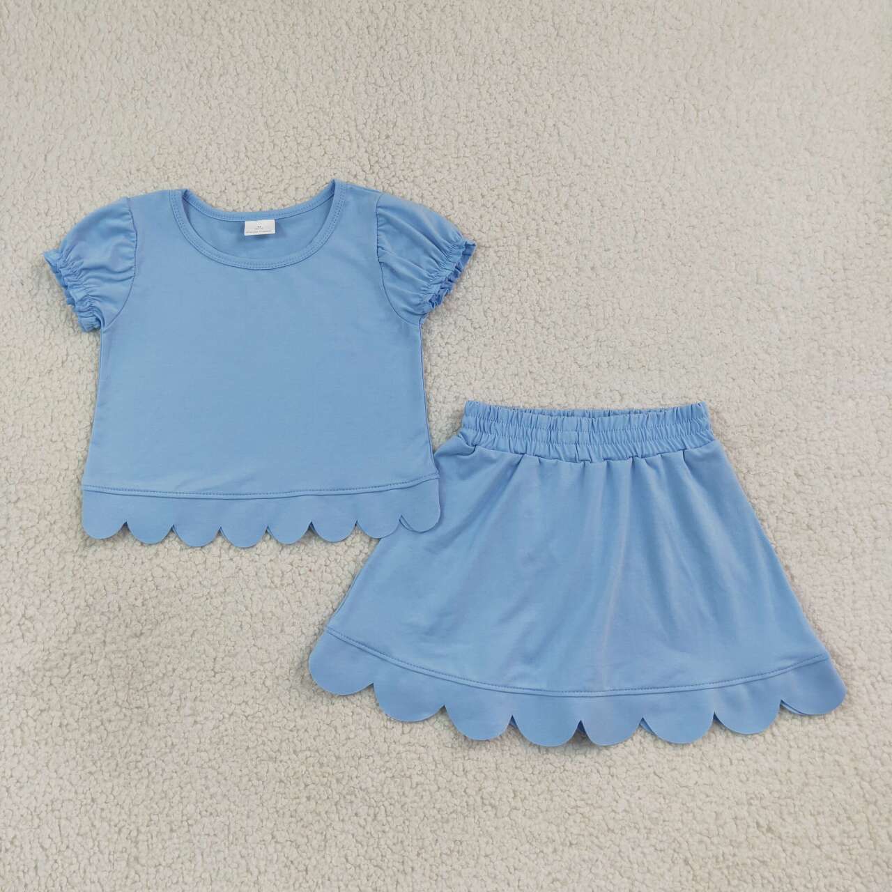 GSD3933 Blue Cotton Skort Girls Summer Scallop Clothes Set