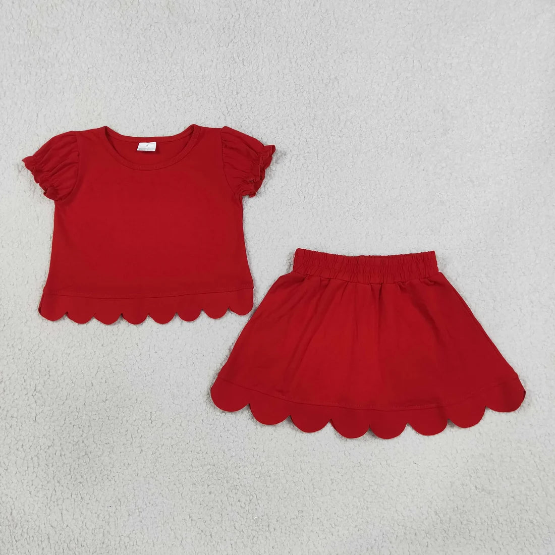 Sibling Baby Girls Solid Color Cotton Short Sleeve Top With Scalloped Skort Outfit