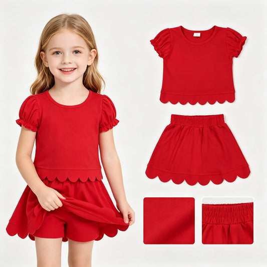 GSD3938 Red Cotton Skort Girls Summer Scallop Clothes Set