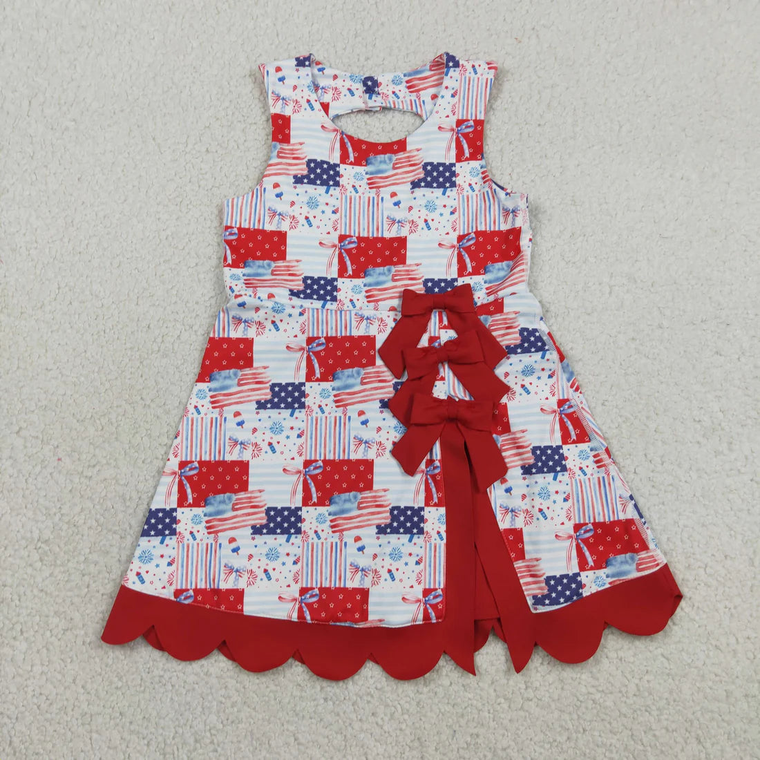 Sibling Baby Girls Bows Flags 4th of July Yoga Active Scallop Short Knee Length Dresses