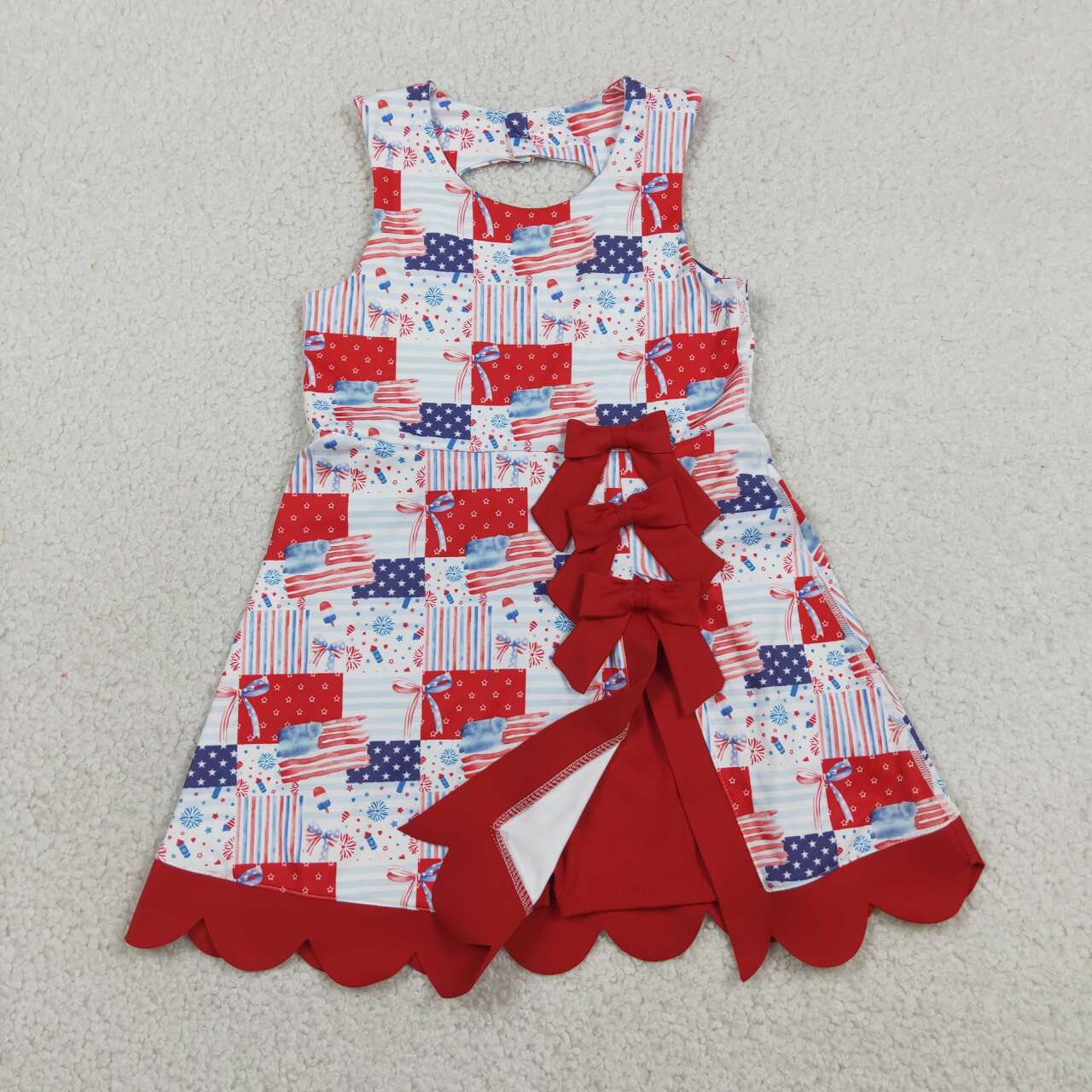 GSD3945 Flag Bows Plaid Girls 4th of July Scallop Yoga Active Dress
