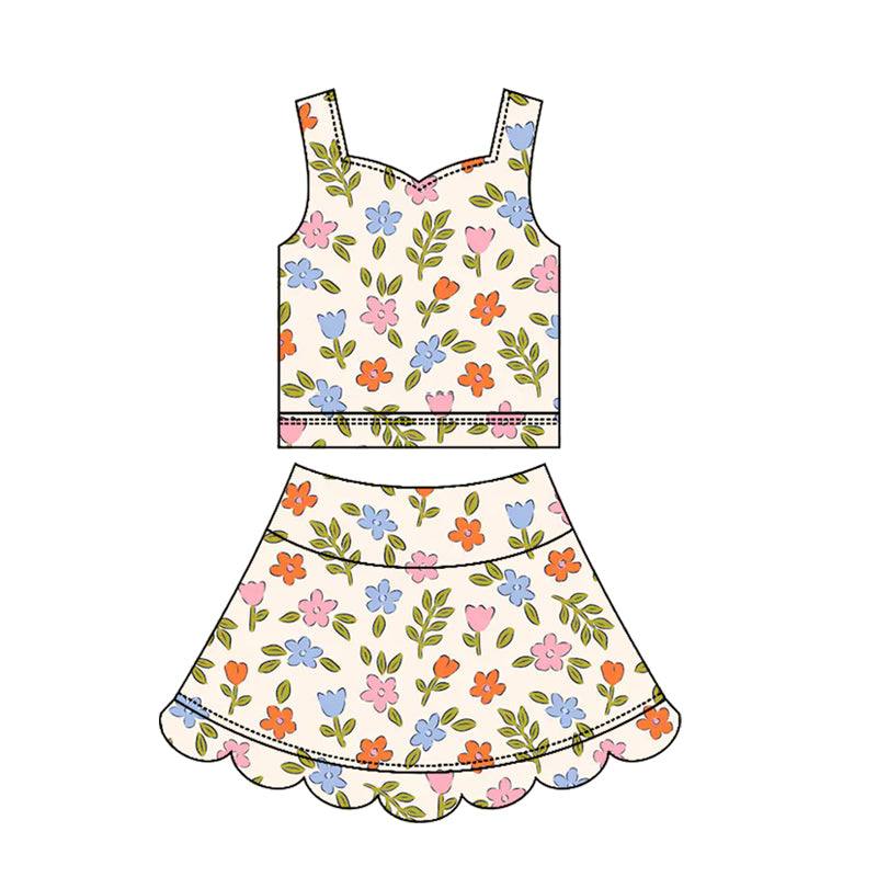 3.17 GSD3947 Preorder Colorful Flowers Girls Summer Scallop Yoga Clothes Set