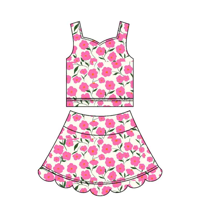 3.17 GSD3949 Preorder Hot Pink Flowers Girls Summer Scallop Yoga Clothes Set