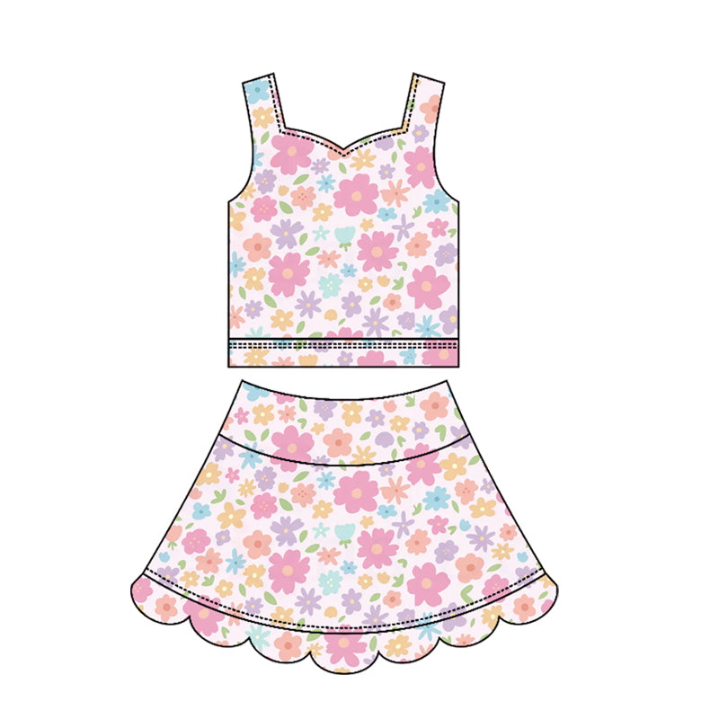 3.17 GSD3950 Preorder Colorful Flowers Girls Summer Scallop Yoga Clothes Set