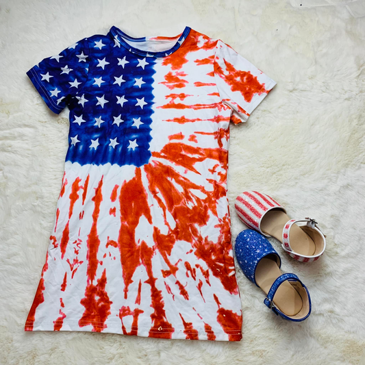 3.19 GSD3957 Preorder Stars Tie-dye Print Girls 4th of July Knee Length Dress