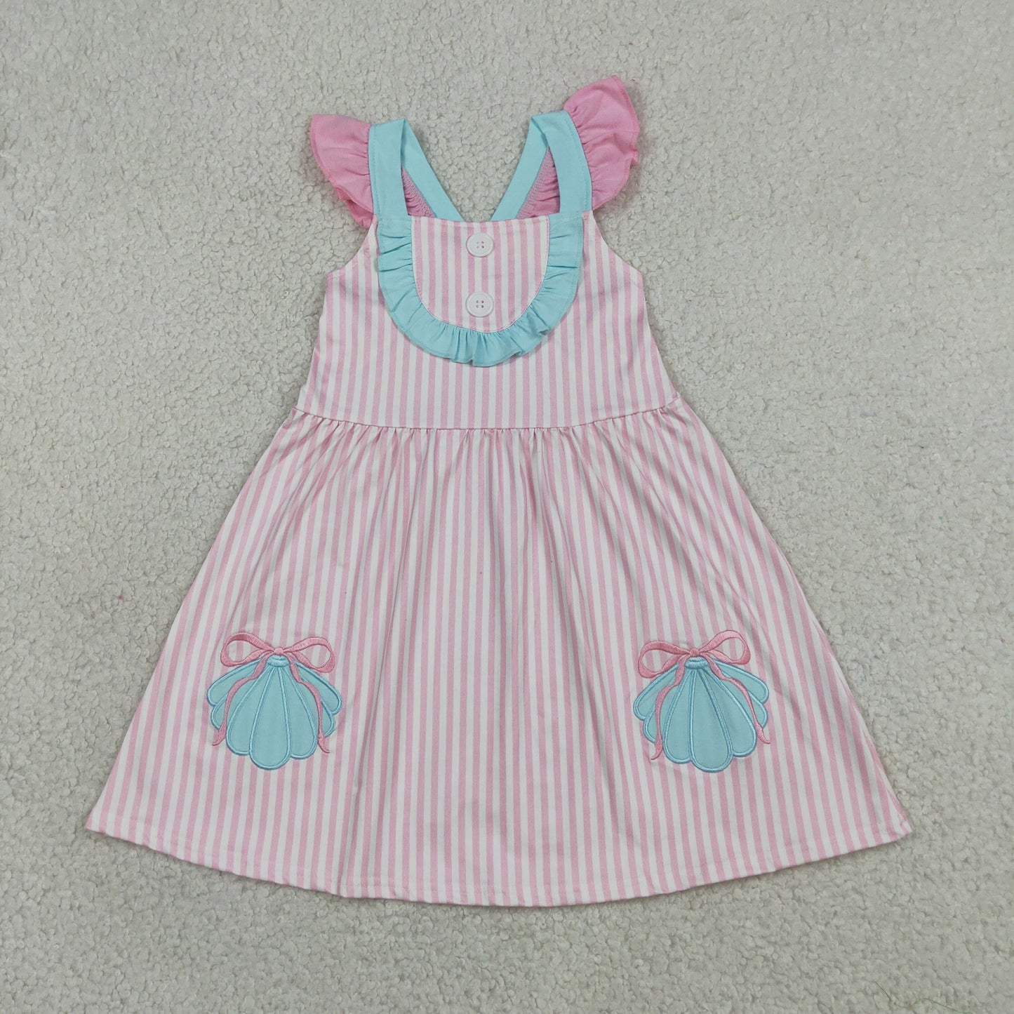 Sibling Matching Beach Outfit | Pink Stripe Shell Embroidery Dress & Romper Set