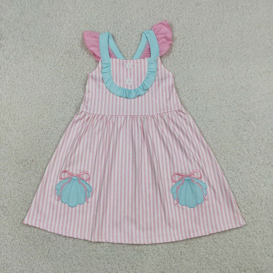 Sibling Matching Beach Outfit | Pink Stripe Shell Embroidery Dress & Romper Set
