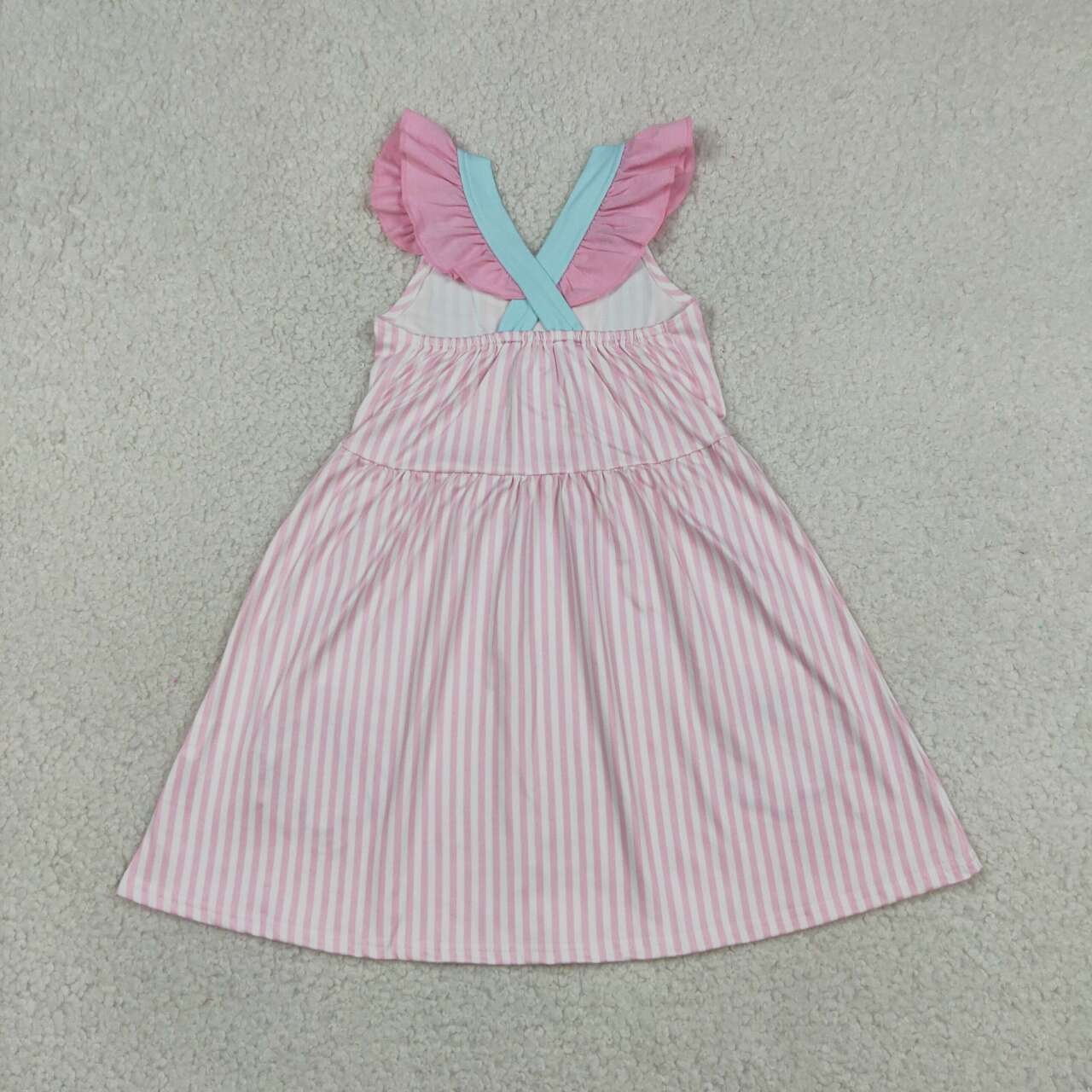 GSD3958 Shell Embroidery Pink Stripes Print Girls Summer Knee Length Strap Dress