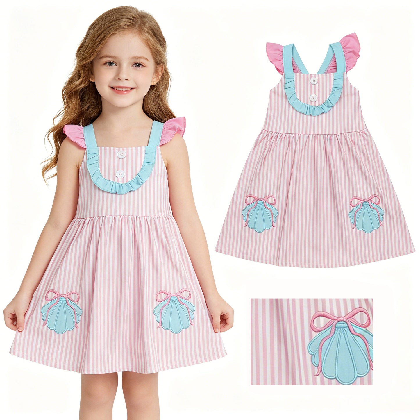 GSD3958 Shell Embroidery Pink Stripes Print Girls Summer Knee Length Strap Dress