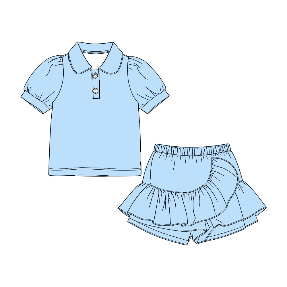 3.20 GSD3959 Preorder Blue Polo Top Ruffle Shorts Girls Summer Clothes Set