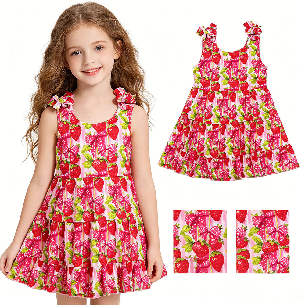 GSD3964 Strawberry Bows Print Girls Summer Knee Length Strap Dress