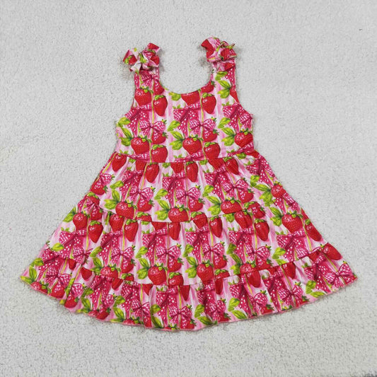 GSD3964 Strawberry Bows Print Girls Summer Knee Length Strap Dress