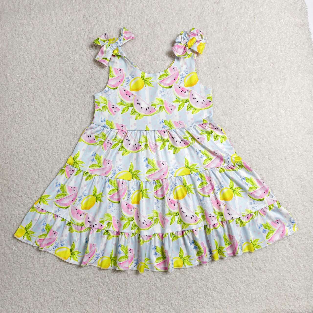 Sibling Baby Girls Summer Watermelon Lemon Dress and Bubble Romper