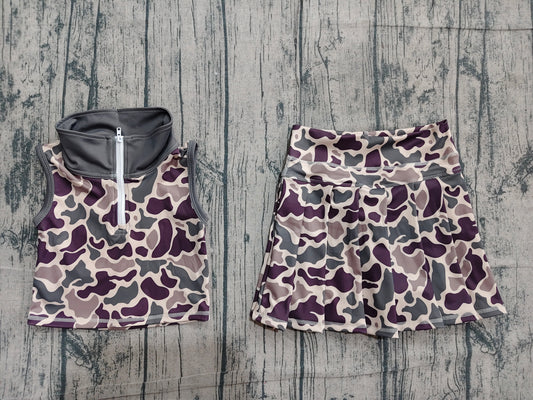 Preorder Dark Brown Camo Zipper Sleeveless Top Skirts Girls Summer Yoga Clothes Set