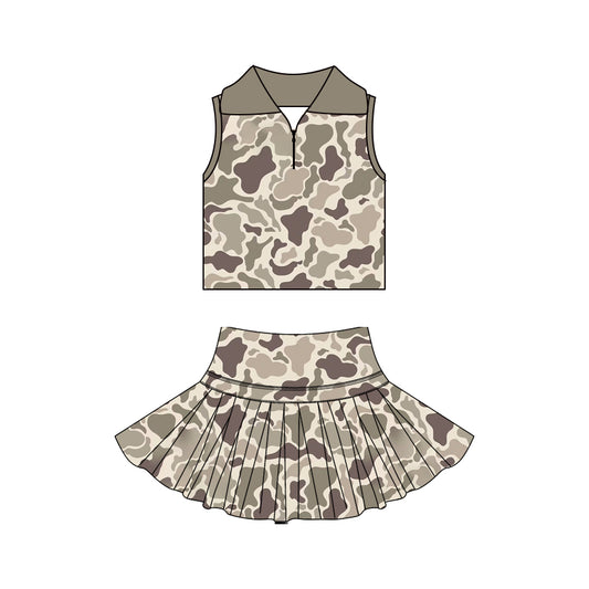 3.21 GSD3970 Preorder Khaki Brown Camo Zipper Sleeveless Top Skirts Girls Summer Yoga Clothes Set