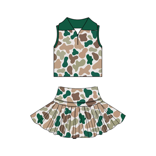 3.21 GSD3972 Preorder Khaki Brown Green Camo Zipper Sleeveless Top Skirts Girls Summer Yoga Clothes Set