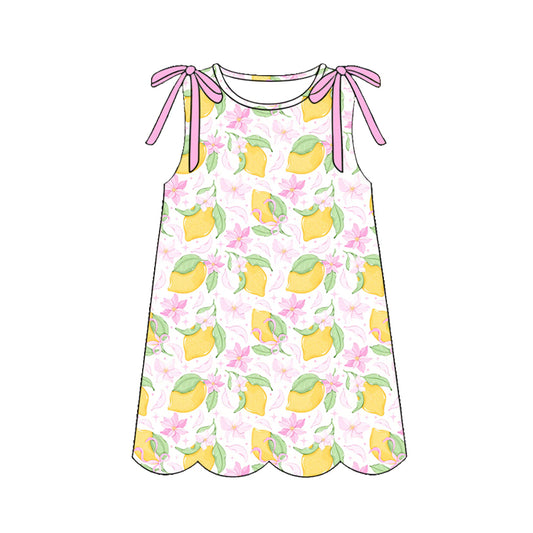 3.21 GSD3974 Preorder Lemon Flowers Print Girls Summer Sleeveless Scallop Knee Length Dress
