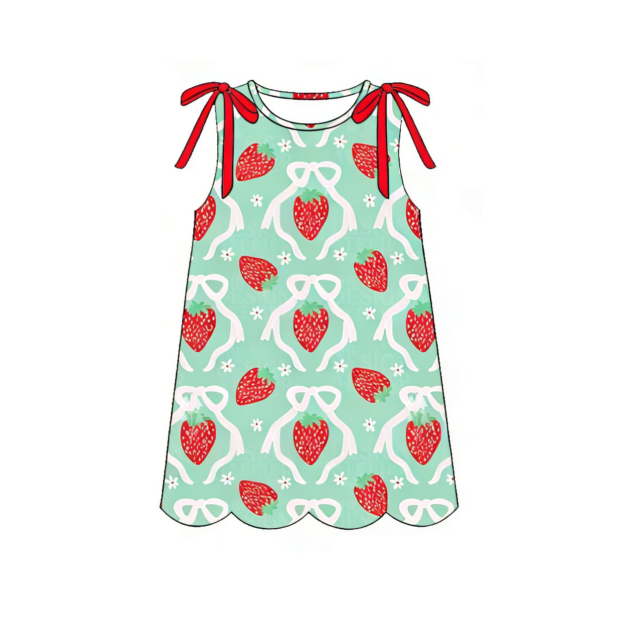 3.21 GSD3975 Preorder Strawberry Bows Print Girls Summer Sleeveless Scallop Knee Length Dress