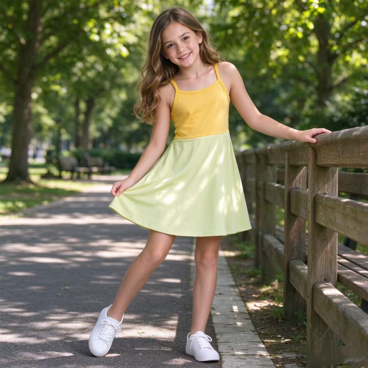 GSD3982 Yellow Cartoon Princess Strap Girls Yoga Knee Length Dress