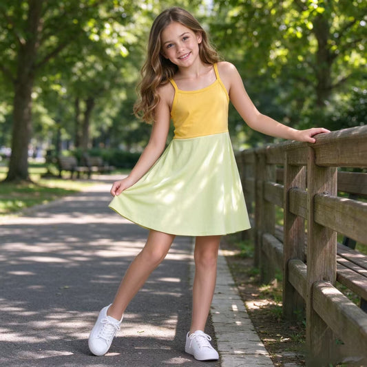GSD3982 Yellow Cartoon Princess Strap Girls Yoga Knee Length Dress