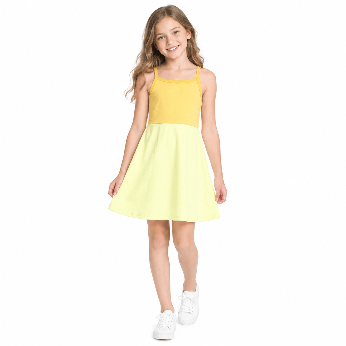 GSD3982 Yellow Cartoon Princess Strap Girls Yoga Knee Length Dress