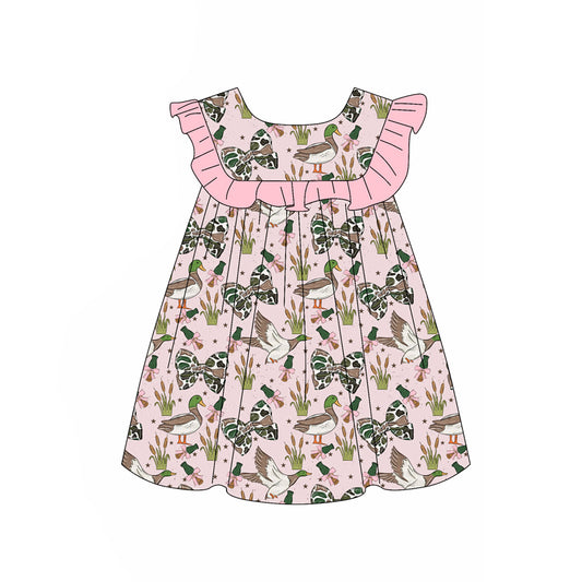 3.28 Girls Duck & Bow Print Ruffle Sleeve Dress – Pink Preorder