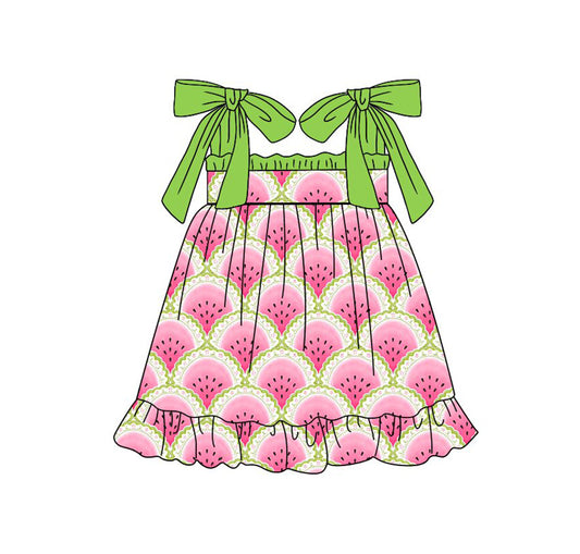 3.28 Girls Watermelon Print Bow Strap Ruffle Dress Preorder