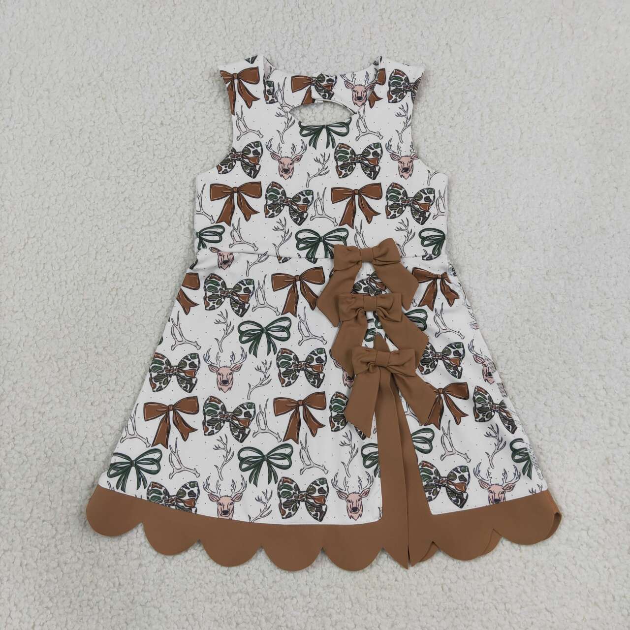 GSD4008 Deer Bows Print Girls Sleeveless Scallop Yoga Dress