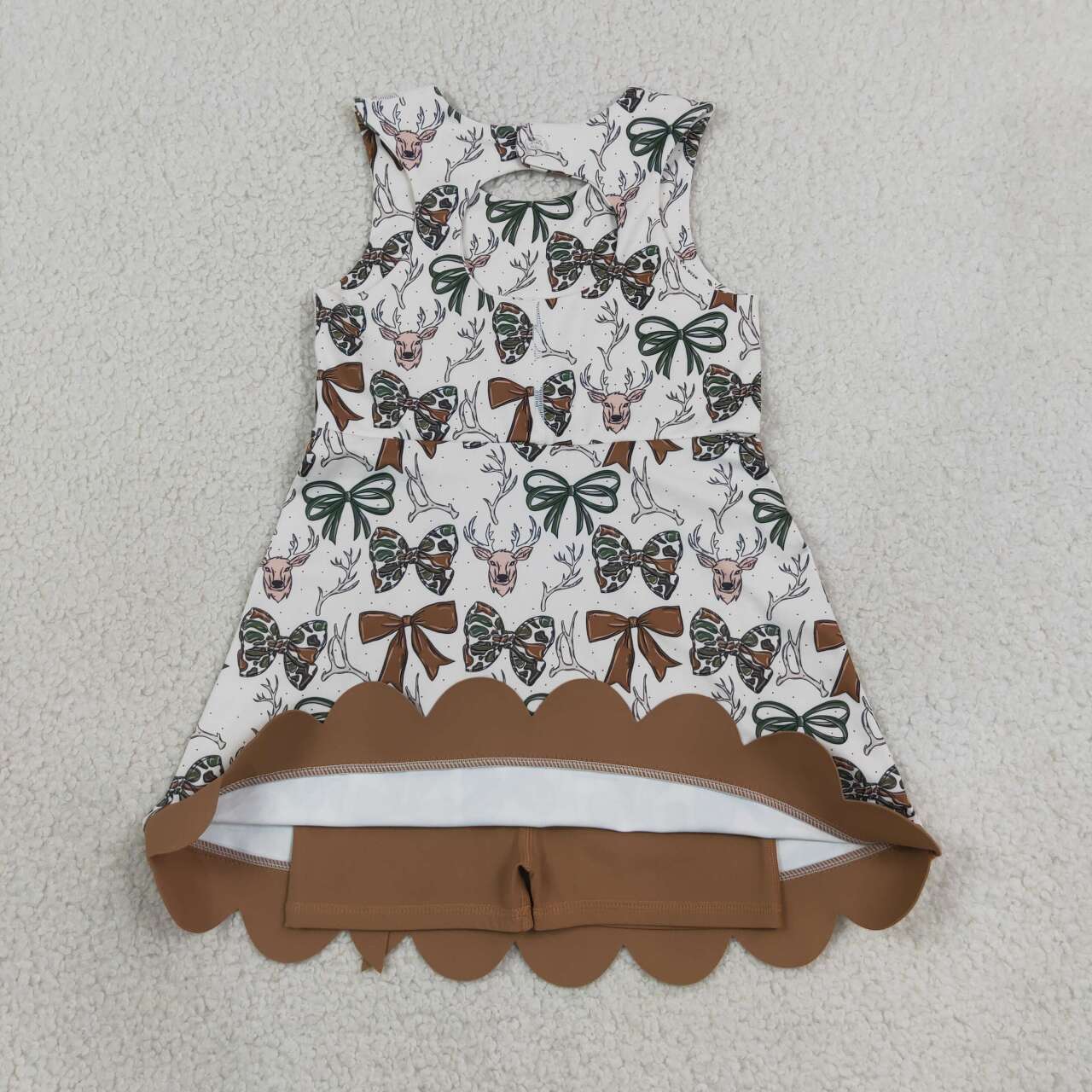 GSD4008 Deer Bows Print Girls Sleeveless Scallop Yoga Dress