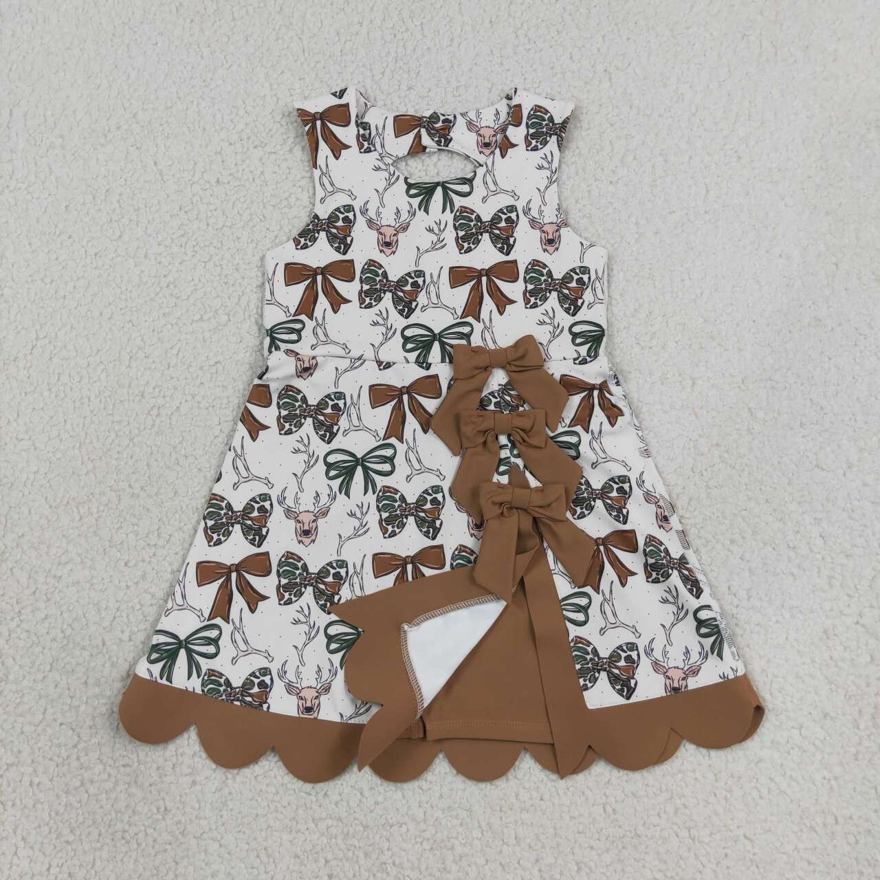 GSD4008 Deer Bows Print Girls Sleeveless Scallop Yoga Dress